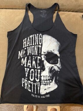 Beautiful Disaster Women's Black Graphic Racerback Tank Top - Skull Slogan